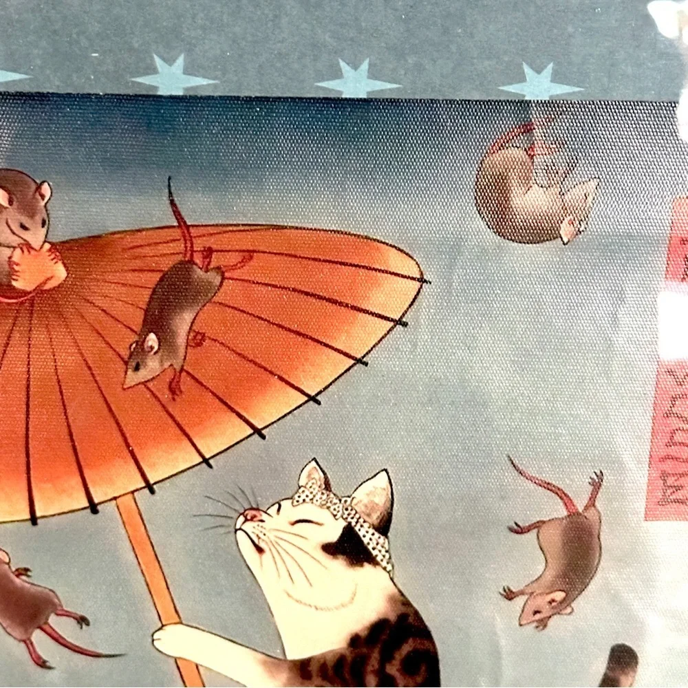 Japanese Cat on the High Wire Umbrella Mice Rat Tattoo Style Canvas Print Framed